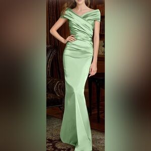 Sophisticated Sheath/Column Off Shoulder MOB/MOG Sage Gown